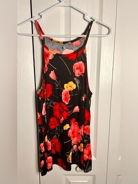 Lemon Tart Women’s Black Floral Tank Top Red & Yellow Poppies Large L Stretch
